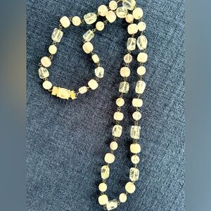 Beaded necklace 38inch, plastic, light pink and clear beads, Silvertone closure